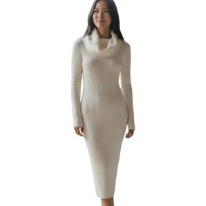 Amazon Ribbed Cowl Neck Midi Sweater Dress in Cream Sz.M EUC